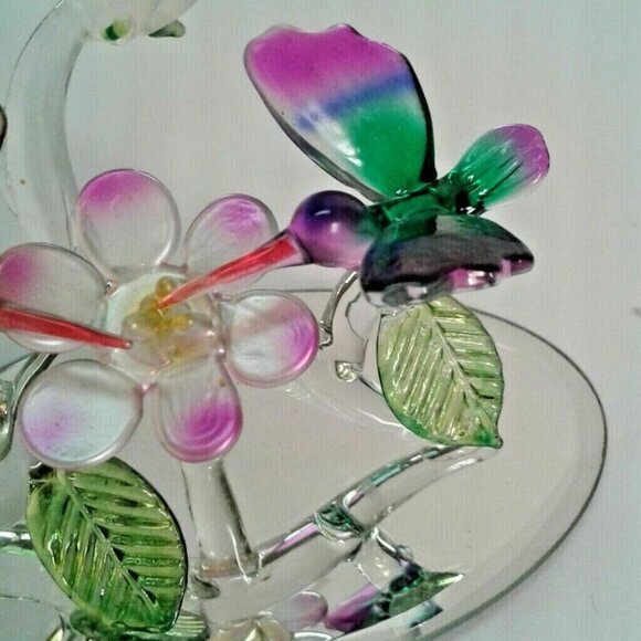 Hand Blown Glass Hummingbirds Flower Mirror Base Pink Purple Birds Figurine - Picture 4 of 10